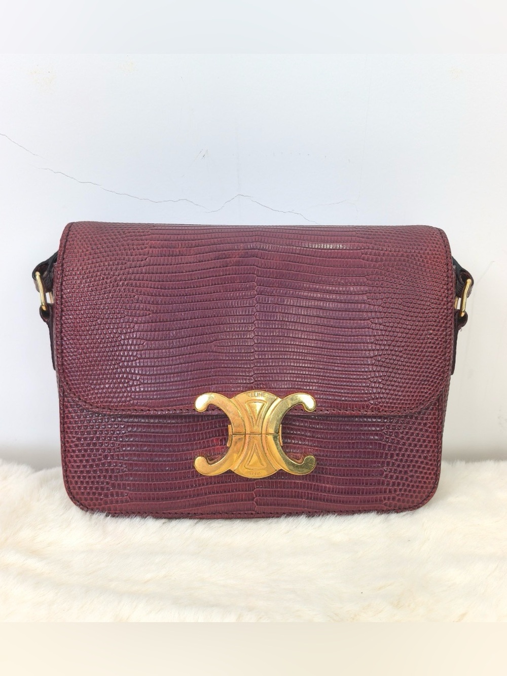 Celine Triomphe Lizard-Embossed Crossbody with Gold Logo